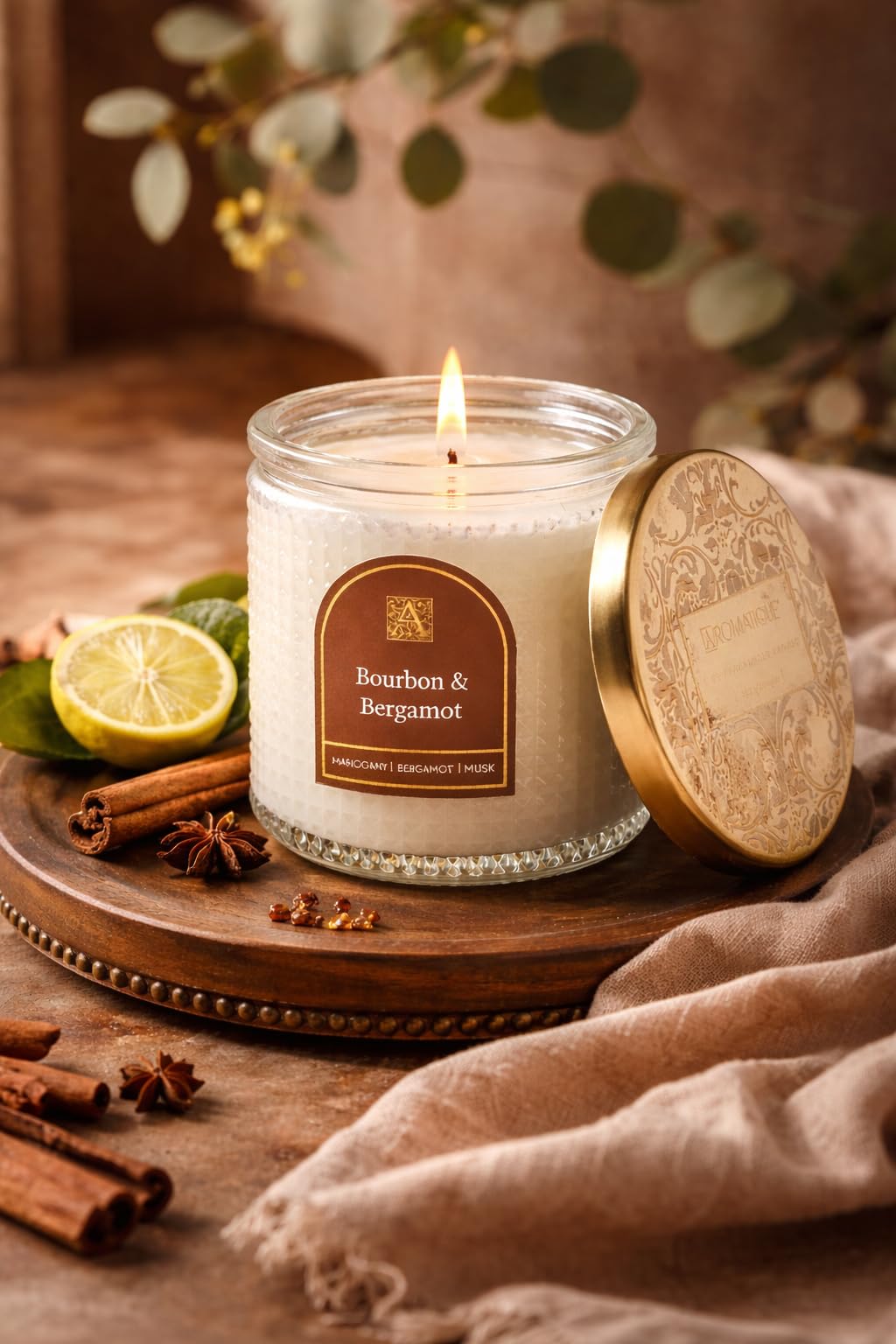 Aromatique, Bourbon & Bergamot, Textured, Elegant Candle with Metal Lid, Home Fragrance for Relaxing Atmosphere, 6 oz, Mother's Day Gifts, Bridal Showers, Anniversaries, Holiday Gifts.