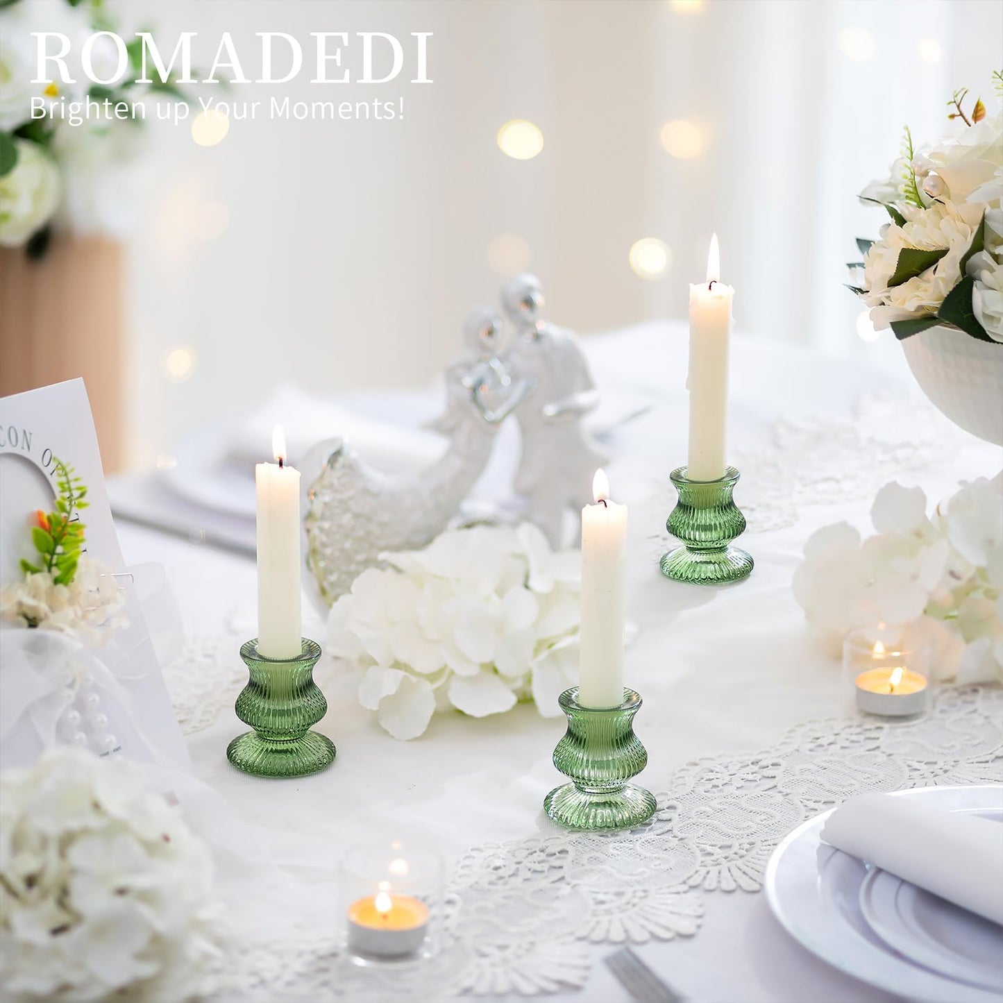 Romadedi Glass Candle Holders for Candlestick - 2 Pcs Green Ribbed Tapered Candle Holder Decor for Table Centerpiece Christmas Party Living Room Dinner Advent