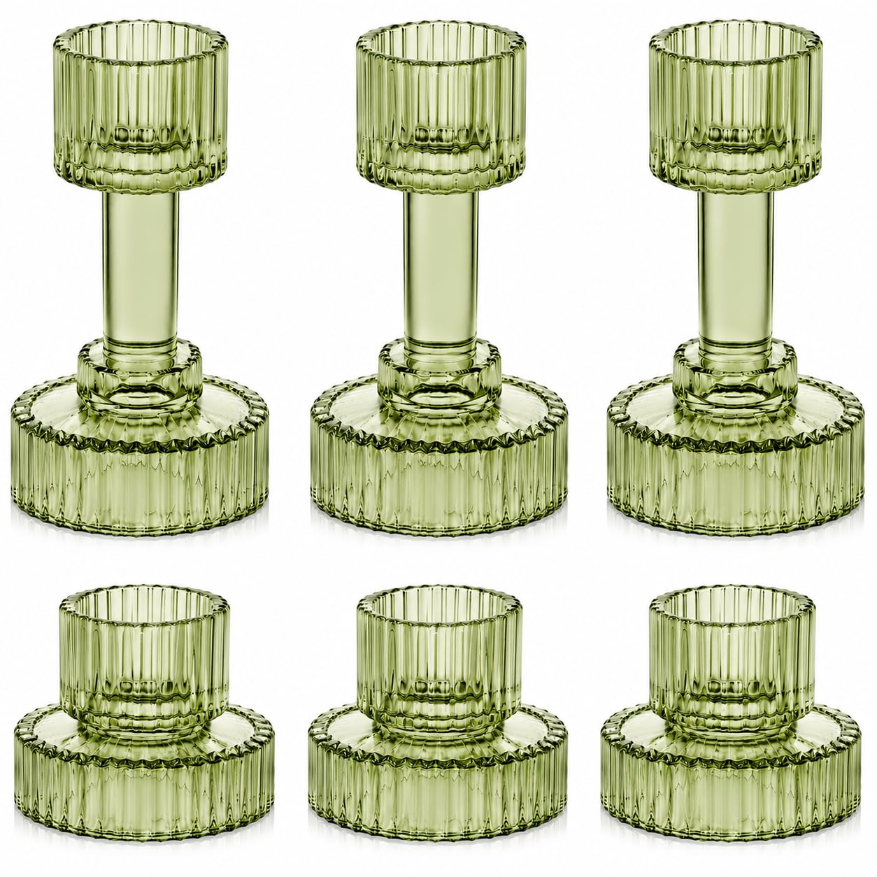 Lanttu Green Glass Taper Candle Holders Set of 6 Candlestick Holders Bulk Combination Candle Holders Crystal Candle Holders for Wedding, Table Centerpiece, Home Decoration