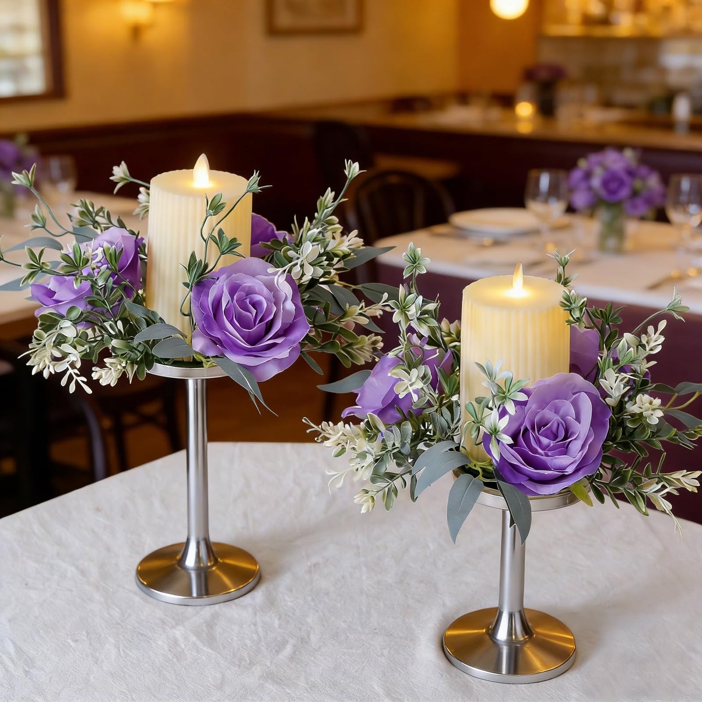 Youshe 4 Pcs Artificial Rose Candle Ring, Valentine's Day Candle Rings Wreaths Mini Floral Garland Wedding Table Pillar Centerpiece for Xmas Home Farmhouse Party Candle Holder Décor (Purple)