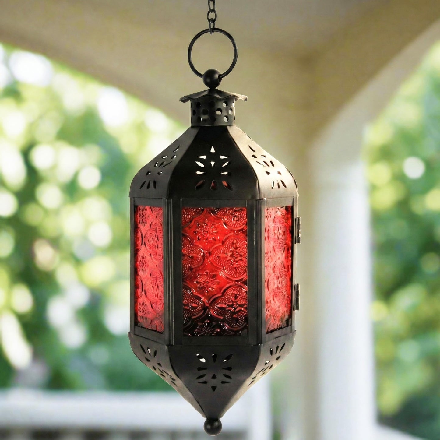 Vela Lanterns Hanging Moroccan Lamp - Exotic Decorative Patio & Porch Decor, Indoor Outdoor Tea Light Candle Lantern Holder with Chain (11" Medium, Red Glass, 2-Pack)