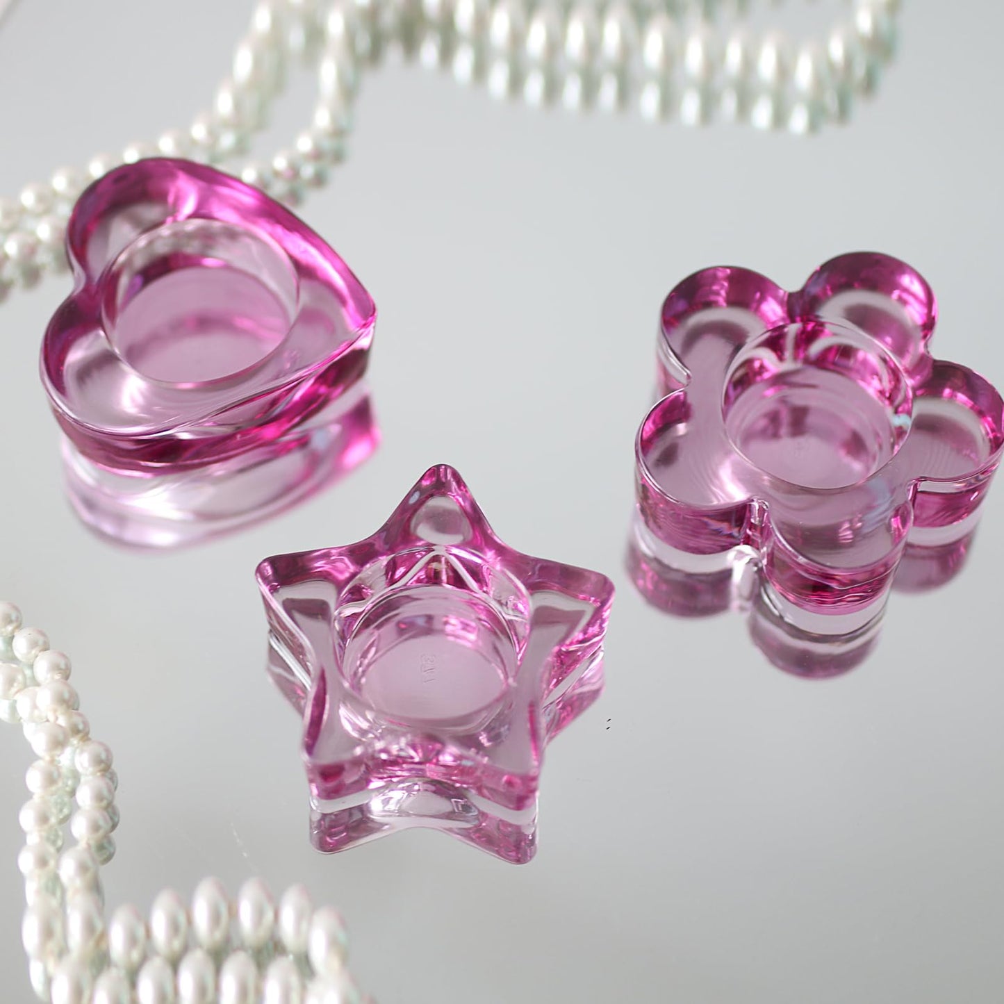 Pink Votive Candle Holders Set of 12 for Table Centerpiece(3 Sizes,Heart/Flower/Star) Tealight Candle Holders Bulk for Birthday Party,Wedding Dinning,Home Decor, Valentines Christmas Decoration(Pink)