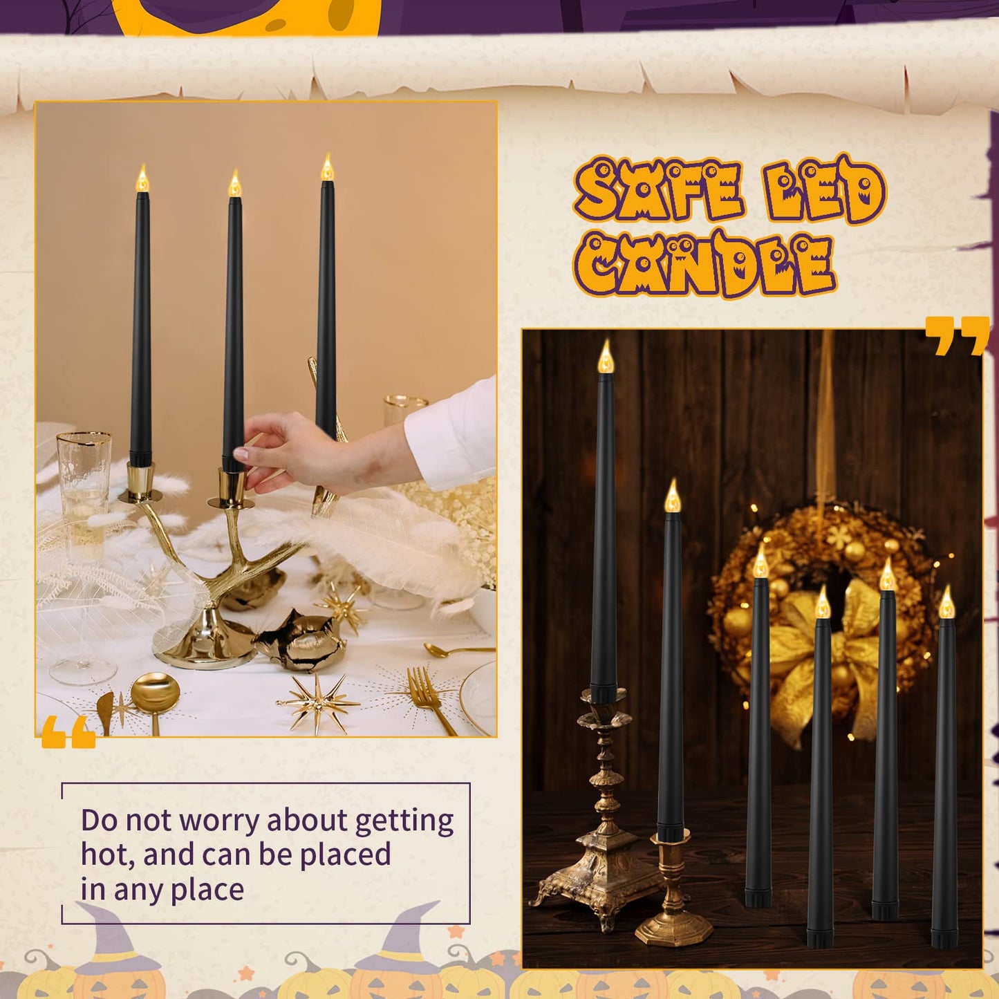 12 Pcs LED Taper Candles Dripless Unscented Flameless Battery Dinner Candles for Halloween, Weddings, Church, Hanukkah, Christmas, Autumn, New Year Celebration (Black)