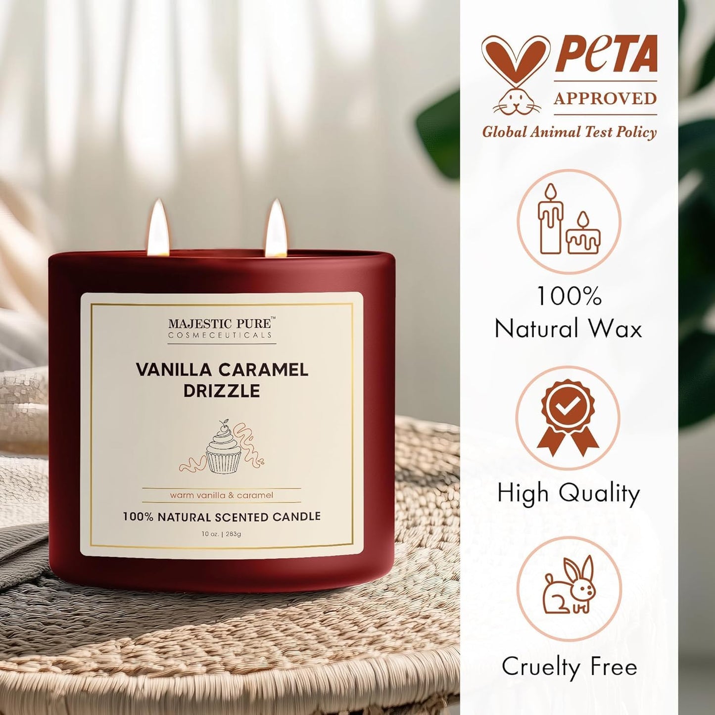 Majestic Pure Vanilla Caramel Scented Candle with Upto 45+ Hrs Burn Time, 2-Wick Candle, Soy Wax Blend for Cleaner Consistent Burn, 10 oz Jar Candle with Room Filling Fragrance, Drizzle