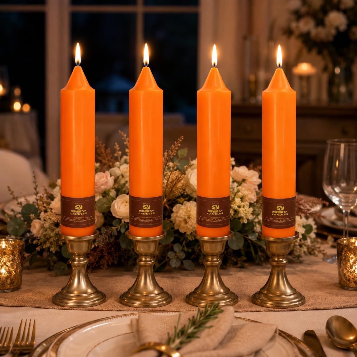 Orange Short Taper Candles Set of 4, 7 Inch Handmade Candle Stick, Unscented Tapered Candles, Taper Candles for Wedding Dinner Table Home Decor Party Gift