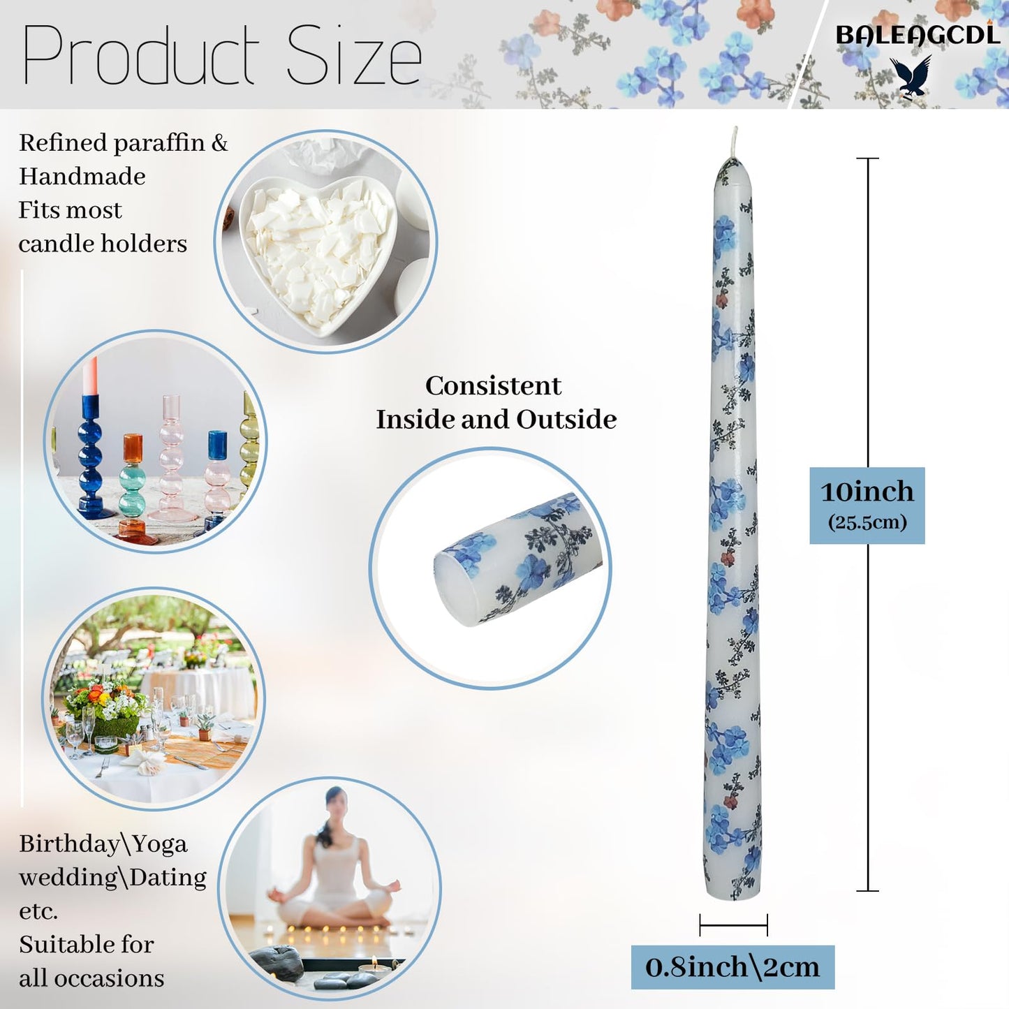 Floral Tapered Candle Forget-me-not Print Candles Handmade Unscented Candlesticks 10 Inch Smokelss Long Candle Sticks for Home Decor & Gifts Set of 4