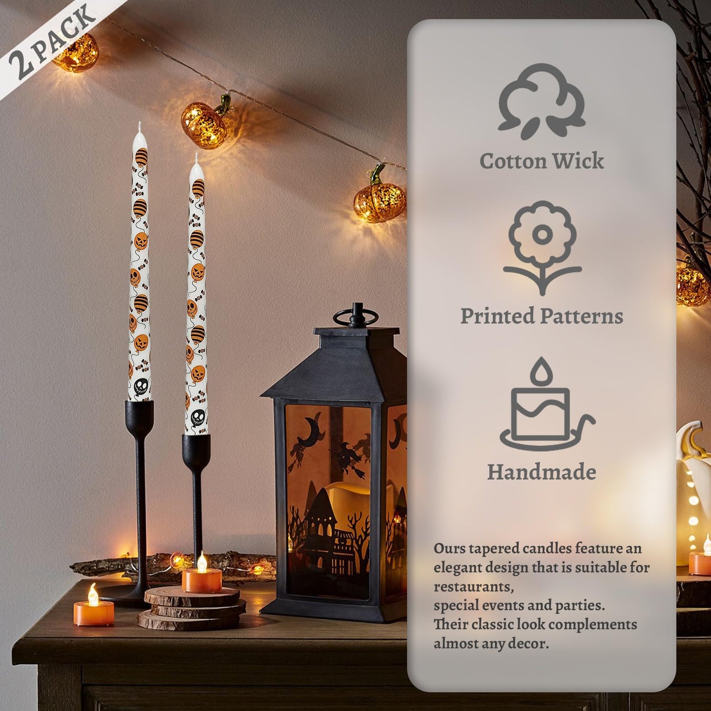 Floral Taper Candles 10 Inch Tall Unscented Handmade Pumpkin Balloon Print Long Burning Elegant Candlesticks for Halloween Decor Gifts