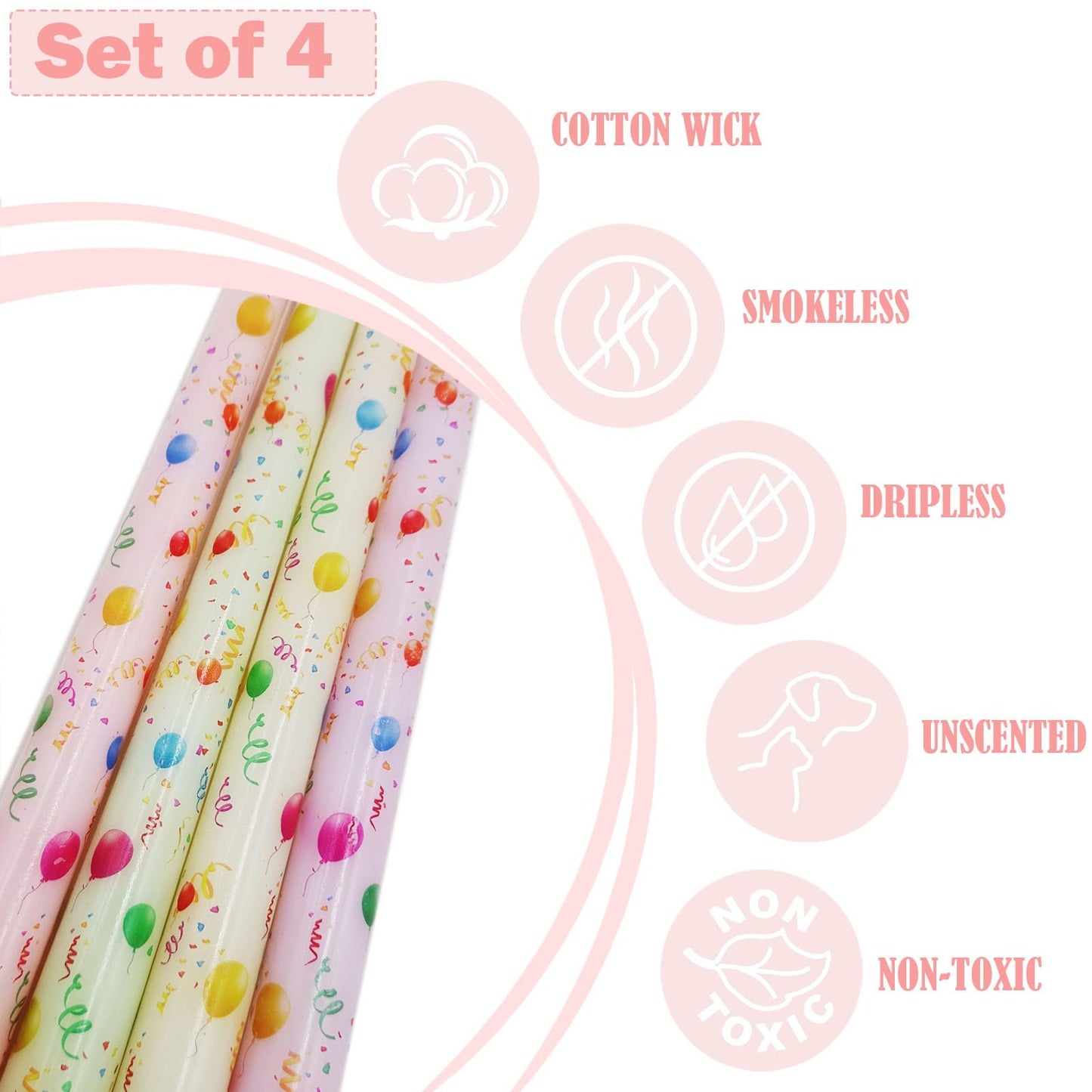 FYBW 10 Inch Decorative Taper Candles, 4 Pack Birthday Balloon Print Candlesticks, Unscented Dripless Candles with Long Burn Time for Party, Holiday Table & Home Decor