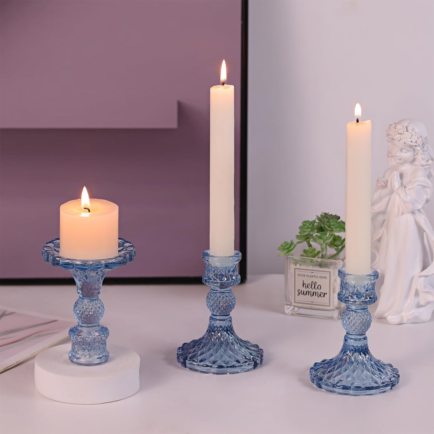 DARJEN 12Pcs 4" H Aqua Blue Candlestick Holders Set- Taper Candle Holders Bulk, Glass Candle Holders for Wedding, Party, Romantic Dinner Table Centerpieces, Festival Gifts & Windowsill Decor
