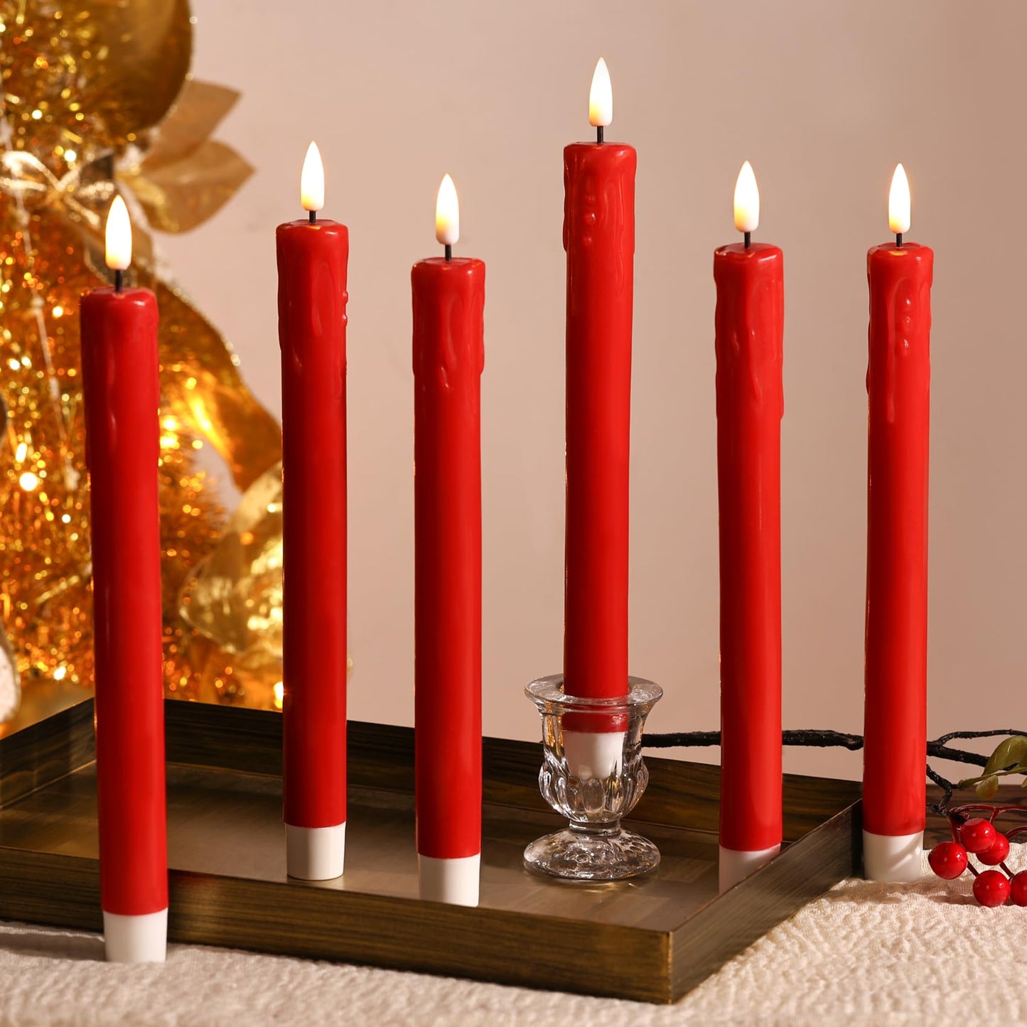 Girimax Red Dripping Wax Flameless Taper Candles with Remote, Flickering Battery Operated LED Candlesticks Valentines Decor Set of 6
