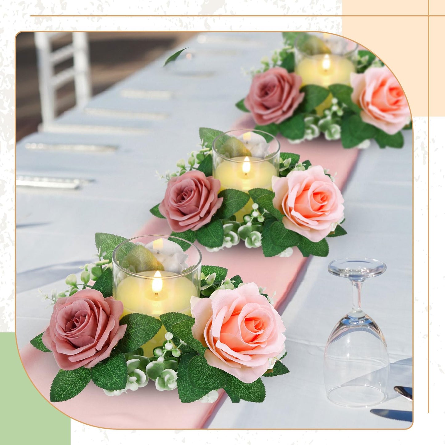 Yunlly 12 Pcs Rose Candle Rings with Flameless Candles Sets, Artificial Flower Eucalyptus Wedding Centerpiece 3 Inch Pillar Candleholders Wreaths for Wedding Party Mother's Day (Pink，White)