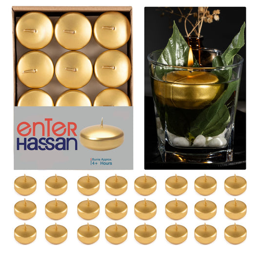 Gold Floating Candles 2" Unscented – Pack of 24 Metallic Color Floating Round Tealights, 4+ Hours Burn, Dripless & Smokeless with 100% Cotton Wick – Premium for Christmas, Dinner & Home Decor