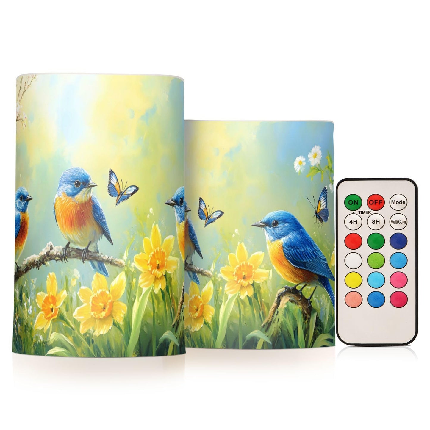 ALAZA Spring Summer Flowers Blue Bird Flickering Flameless Candles Battery Operated with Remote Timer,Tea Light Candles LED Pillar Votive Candles Set of 2 for Outdoor Indoor Decorations