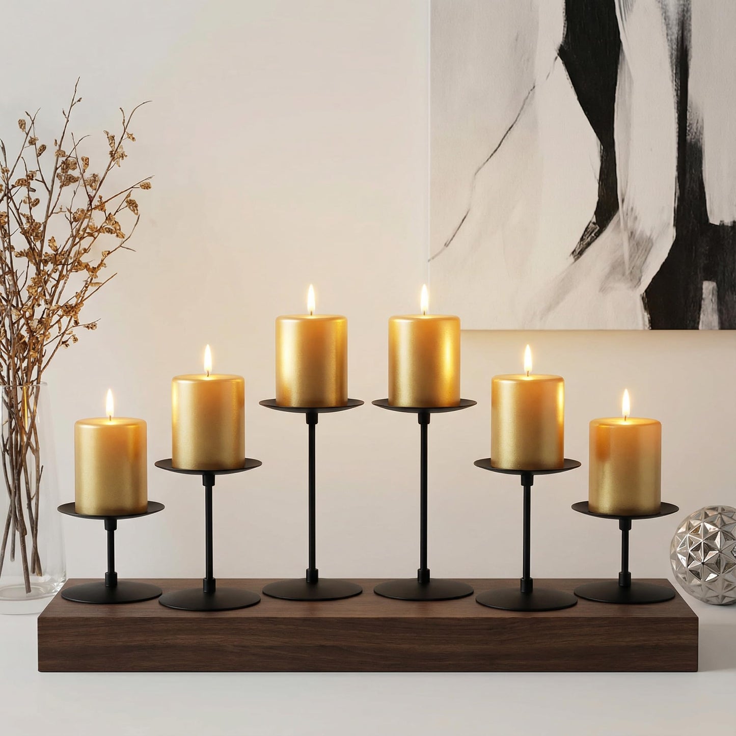 Elsjoy Set of 6 Black Pillar Candle Holders, Metal Pillar Candle Stand Fireplace Candelabras Set for Home Decor, Table Centerpiece, Wedding, 3 Sizes