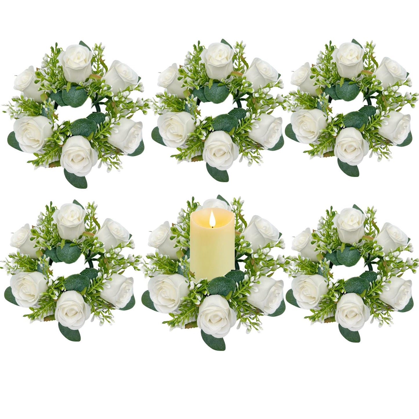 tyoungg Artificial Floral Centerpiece Rose Eucalyptus Pillar Candle Ring Wreath 3 Inch Center for Flameless or Wax Pillar Candles Weddding Bridal Shower Banquet Reception Table Home Decor (6, White)