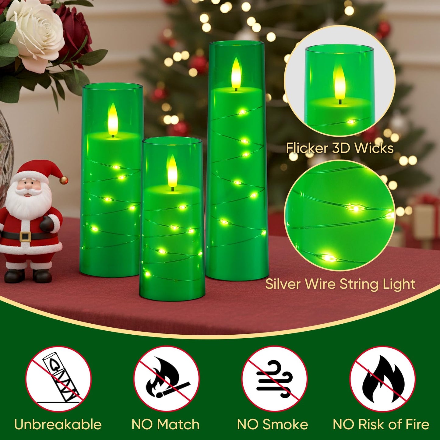 Raycare St. Patrick's Day Flameless Candle with Remote Timer – 9 Flickering Acrylic Battery Operated LED Pillar Candles with Embedded Star String for Home Decor, and as a Gift(Green)