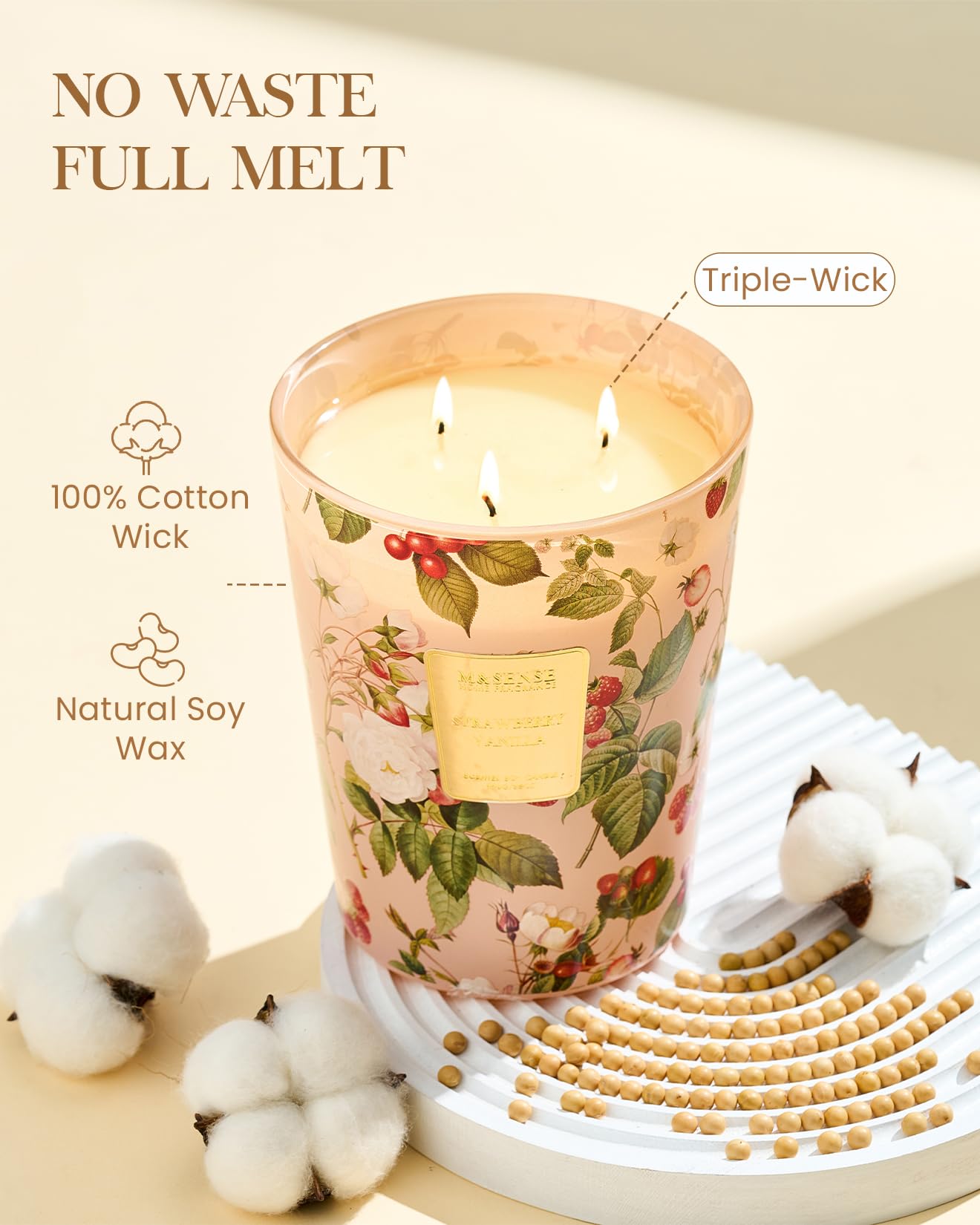 M&SENSE Strawberry Vanilla Soy Large Candles, 3-Wick 35oz 150H Long Lasting, Sweet Fruity Romantic Scent, Gift for Women
