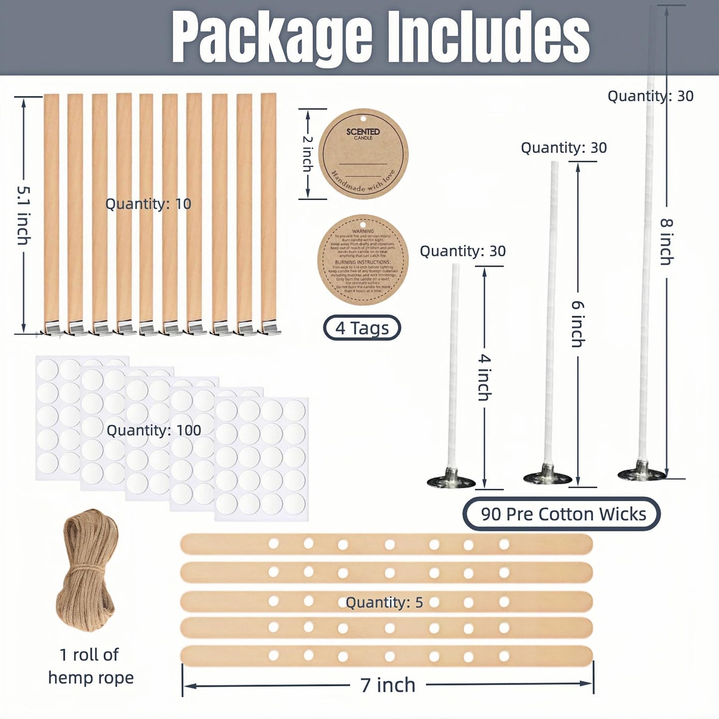 Candle Wick Making Kit, 90 Cotton & 10 Wood Wicks, 4 6 8 Inch Pre-Waxed Cotton Wicks with Wick Holders, Metal Tabs, Stickers, Labels, Twine for Soy, Beeswax, Jar, Pillar Candle Making