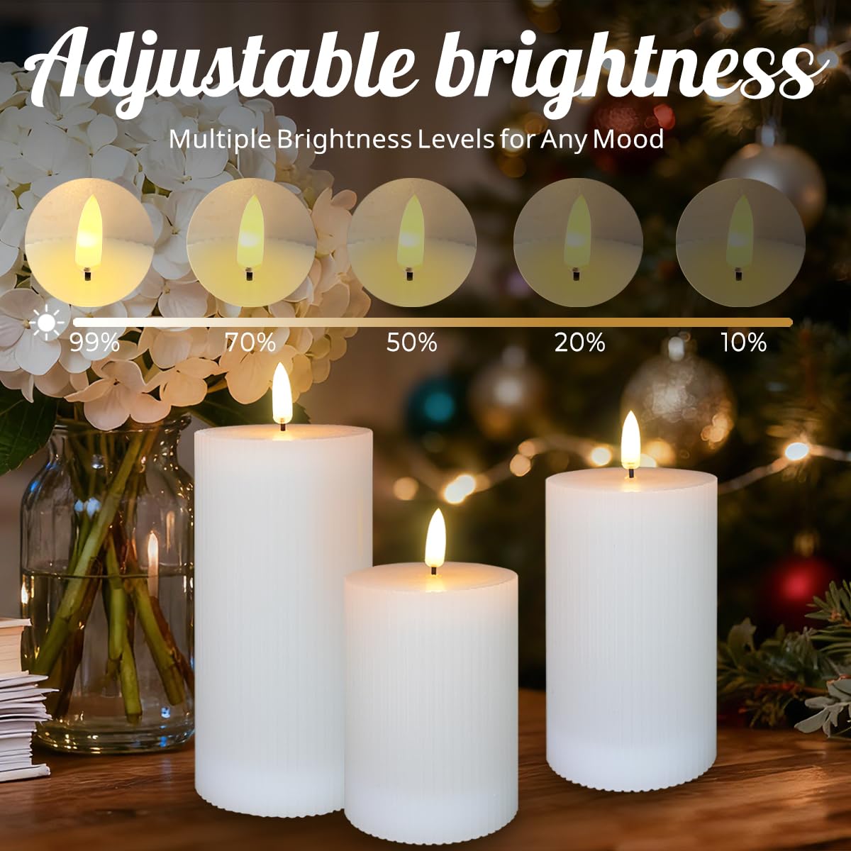 LEDHOLYT Rechargeable Flameless LED Pillar Candles–Luminous Real Wax Indoor Home Decor–Set of 3, Realistic Flickering LED Flame,Remote & Timer, USB-Rechargeable（White）