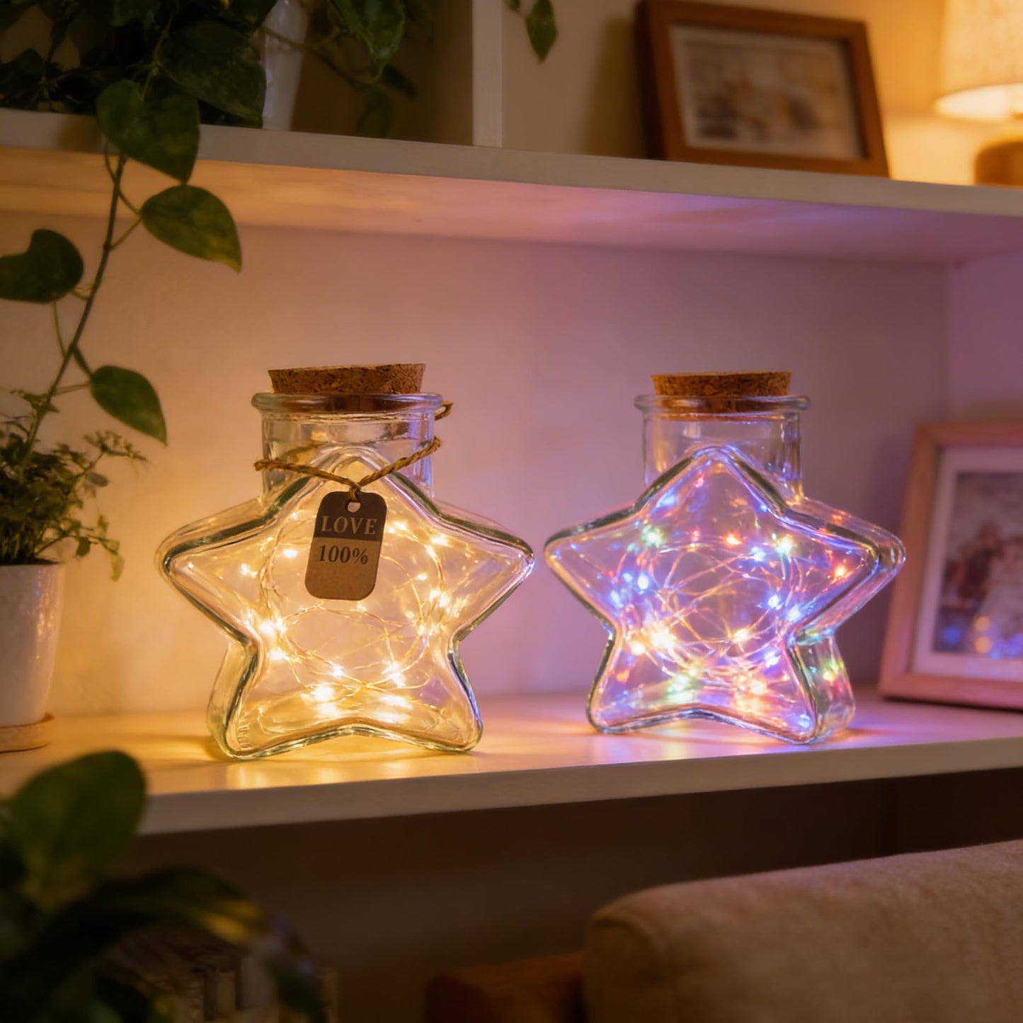 2 Pcs Starry Decorative Glass Bottles with Cork Stoppers,300ml(10 oz),Star-shaped glass vessel Design for Wedding,Party Favors,Home Decor-Includes Blessing Note & Jute Twine(Star)
