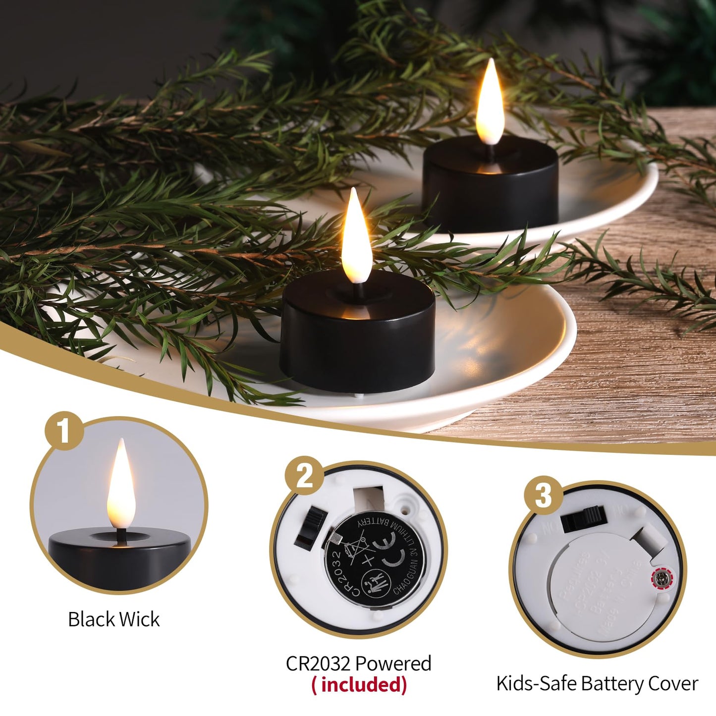Eywamage Black Flameless LED Tealights with Timer, Flickering Battery Operated Tea Lights Votive Candles Set of 12