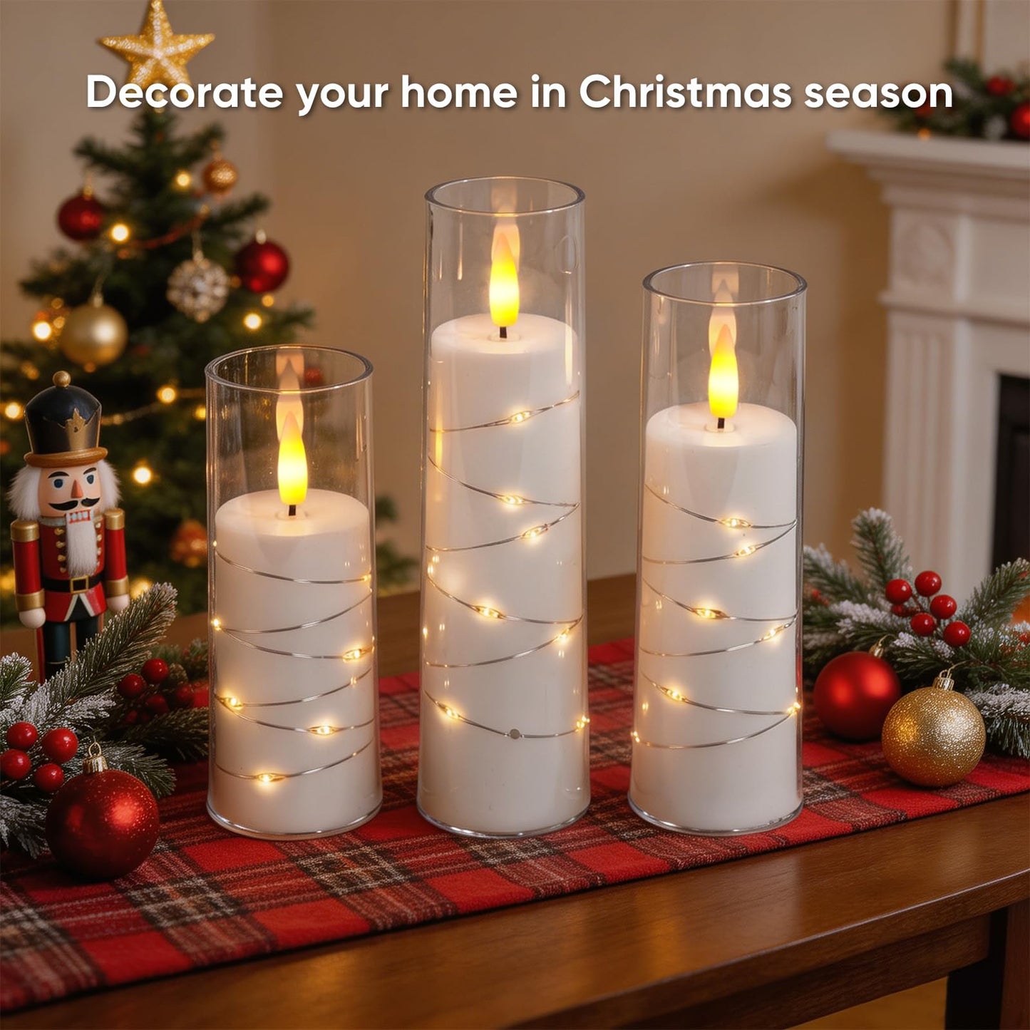 Raycare Flameless Candle with Remote Timer, 3 Flickering Acrylic Battery Operated LED Pillar Candles with Embedded Star String for Home Decor(White)