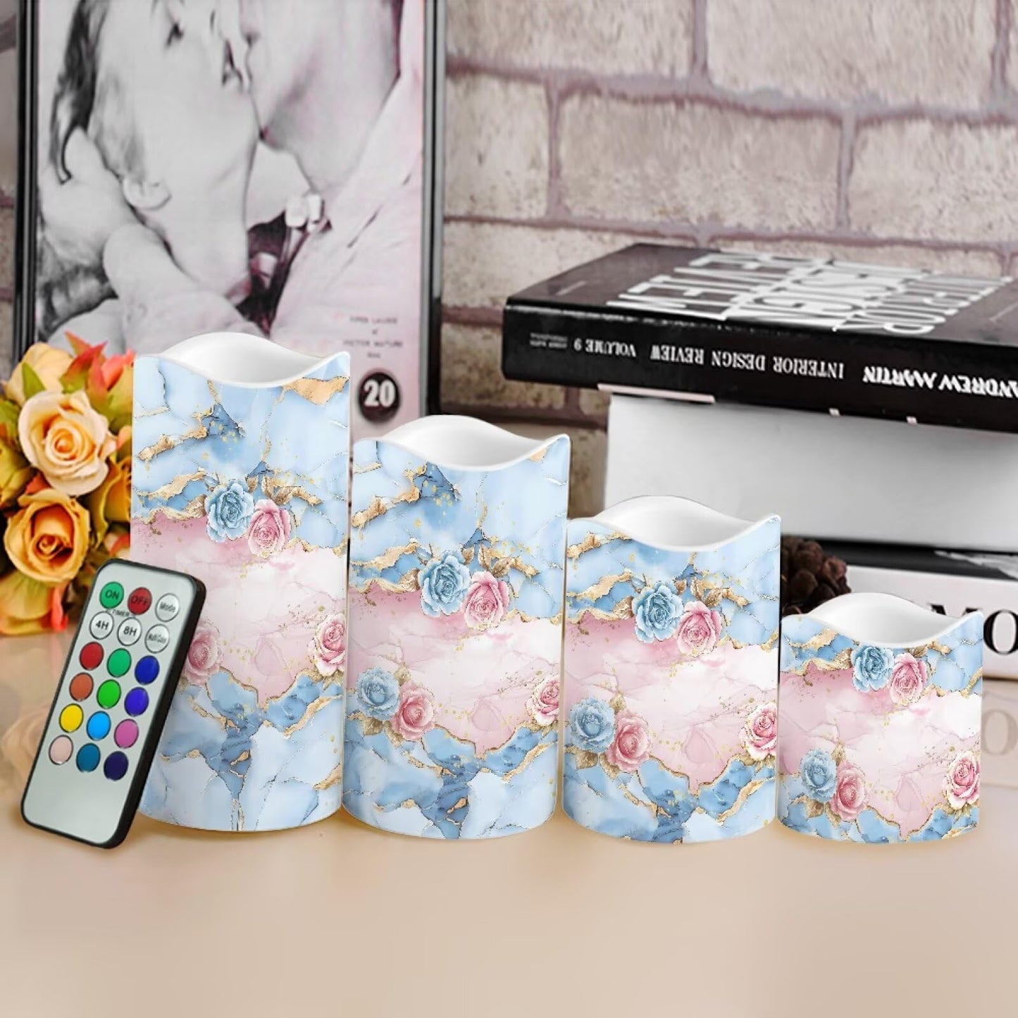 Cozeyat Ocean Wave Flameless Candles Set of 4 Battery Powered LED Pillar Candles with Remote Timer Flickering for Wedding Birthday Home Table Decor
