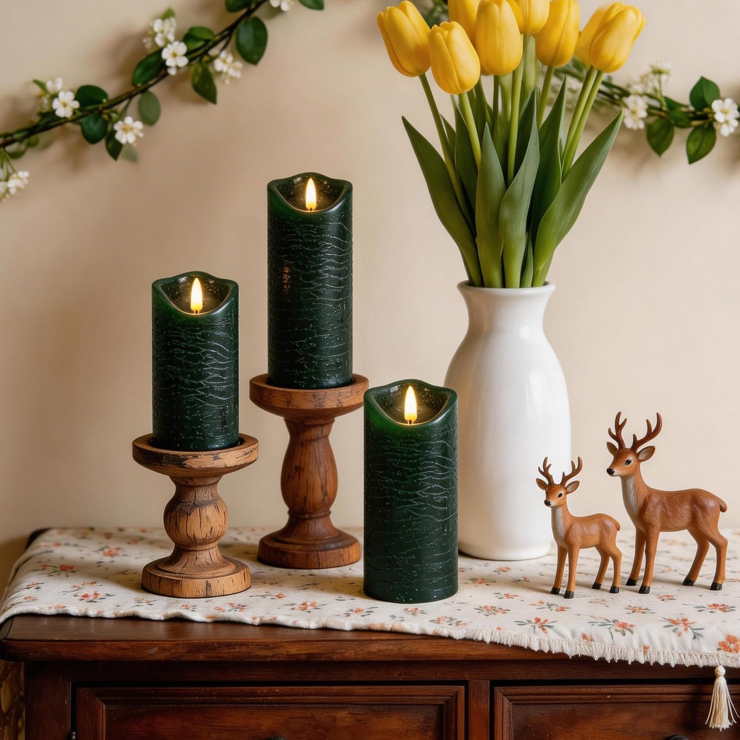 MiKoyi Flameless Pillar Candles with Remote, Battery Operated Candles Real Wax, [5-Pack] Fake LED Flickering flameless Candle with Timer Function for Room Home Decor (2.2" * 5/5.5/6/7/8") - Green