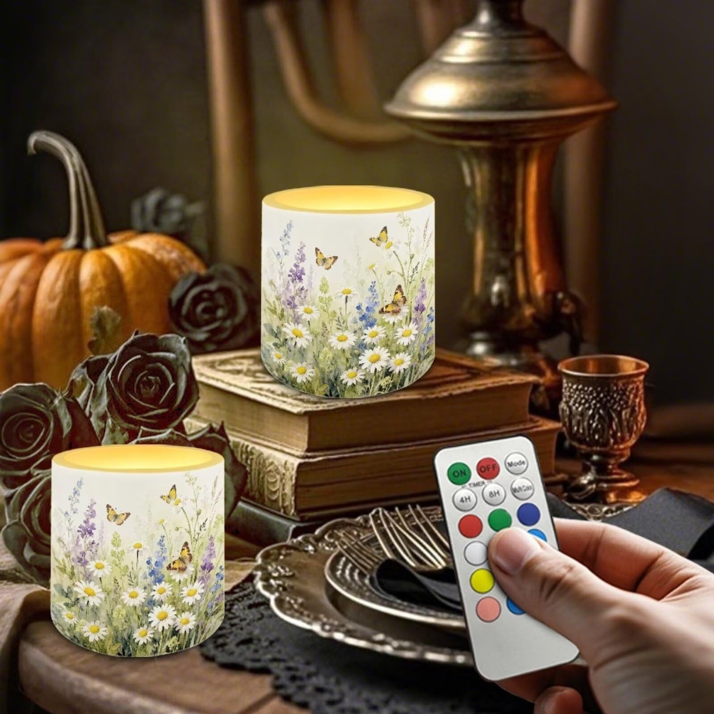 Merkmak Battery Operated Flameless Candles with Remote and Timer Daisy Butterfly LED Pillar Candles for Banquet, Gathering, Home Decoration Battery Tealights