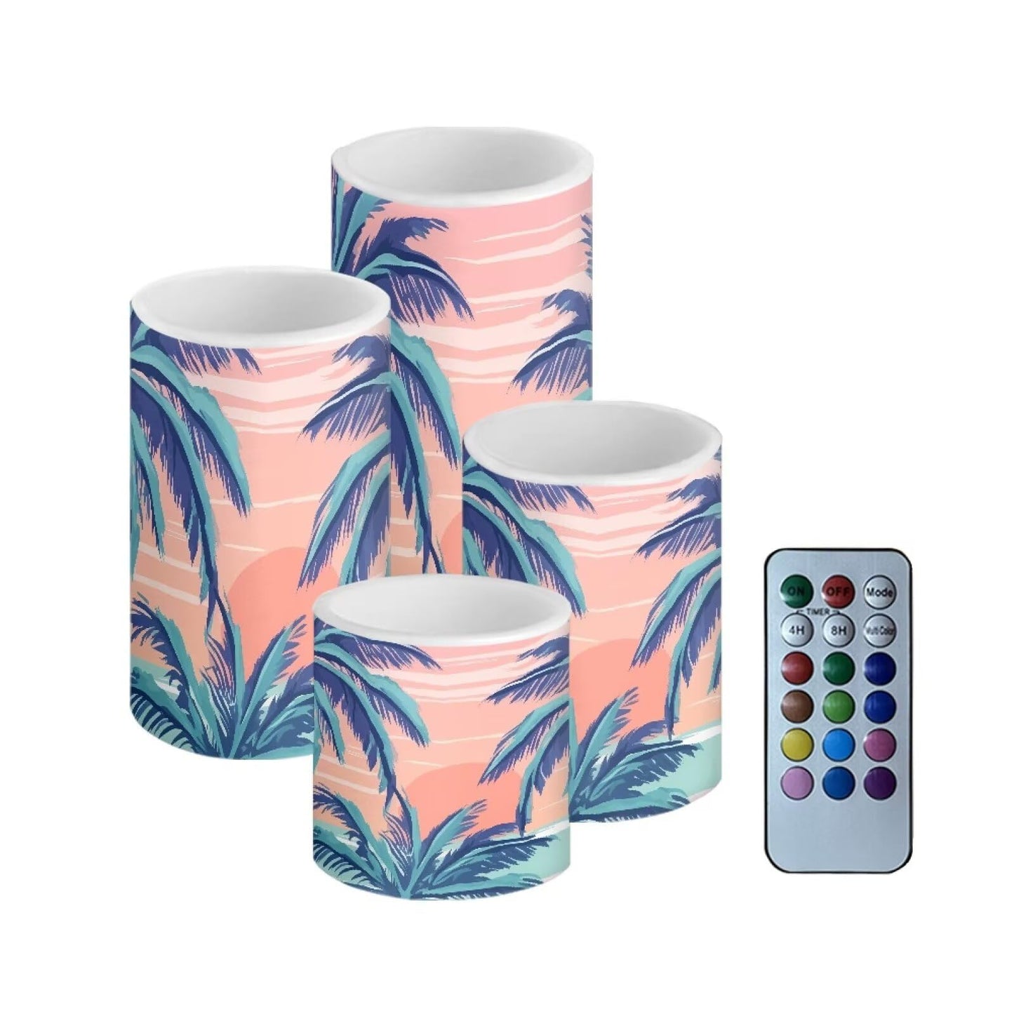 Merkmak 4Pcs Coastal Flameless Candles with Remote and Timers Tropical Coconut Tree Flickering Battery Operated Candles Waterproof Pink Flameless LED Pillar Lights for Hotel, Restaurant