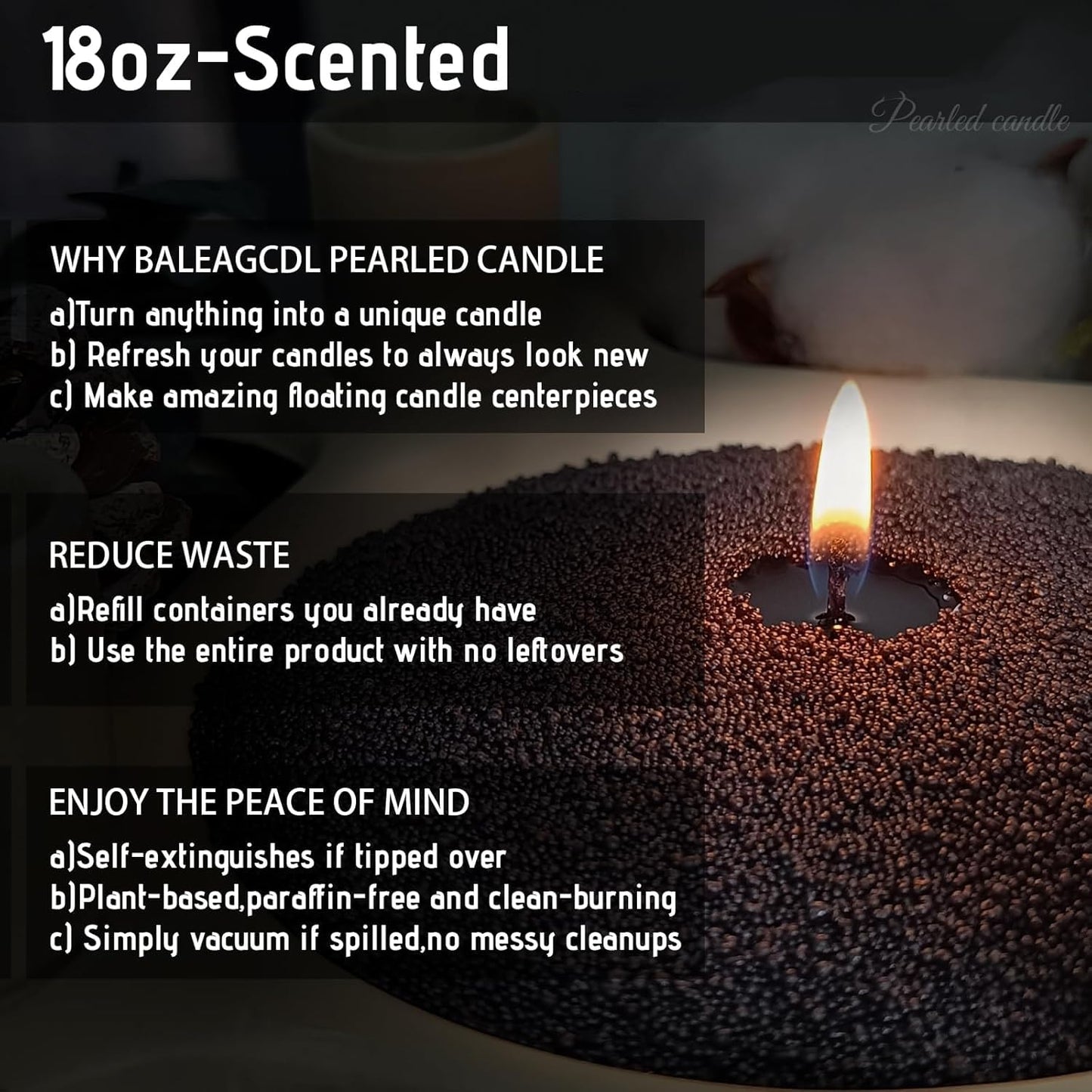 Pearled Candles Sand and 30 Wicks 18 Oz-Refillable Cinnamon Scented Pearled Candle Non Toxic Luxury Long Lasting up to 120 Hours-Scented Pearl Powder Wax Sand Candle Beads Kit for Candles Making Black