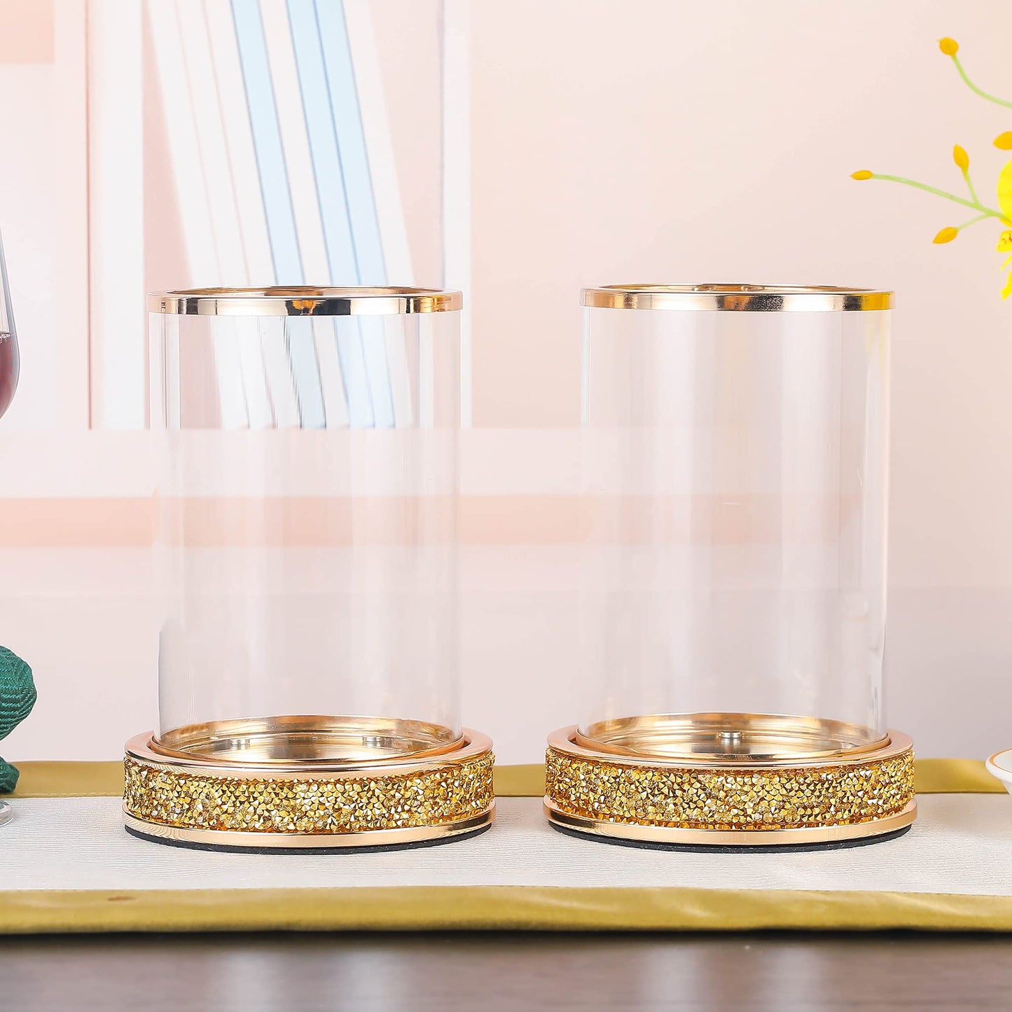 Pillar Candle Holders Set of 2,Hurricane Candle Holders,Candlesticks Holder With Glass Hurricane Lid,Metal Candle Holder For Coffee Dining Table, Wedding, Christmas, Home Decoration,Gold Candle Holder