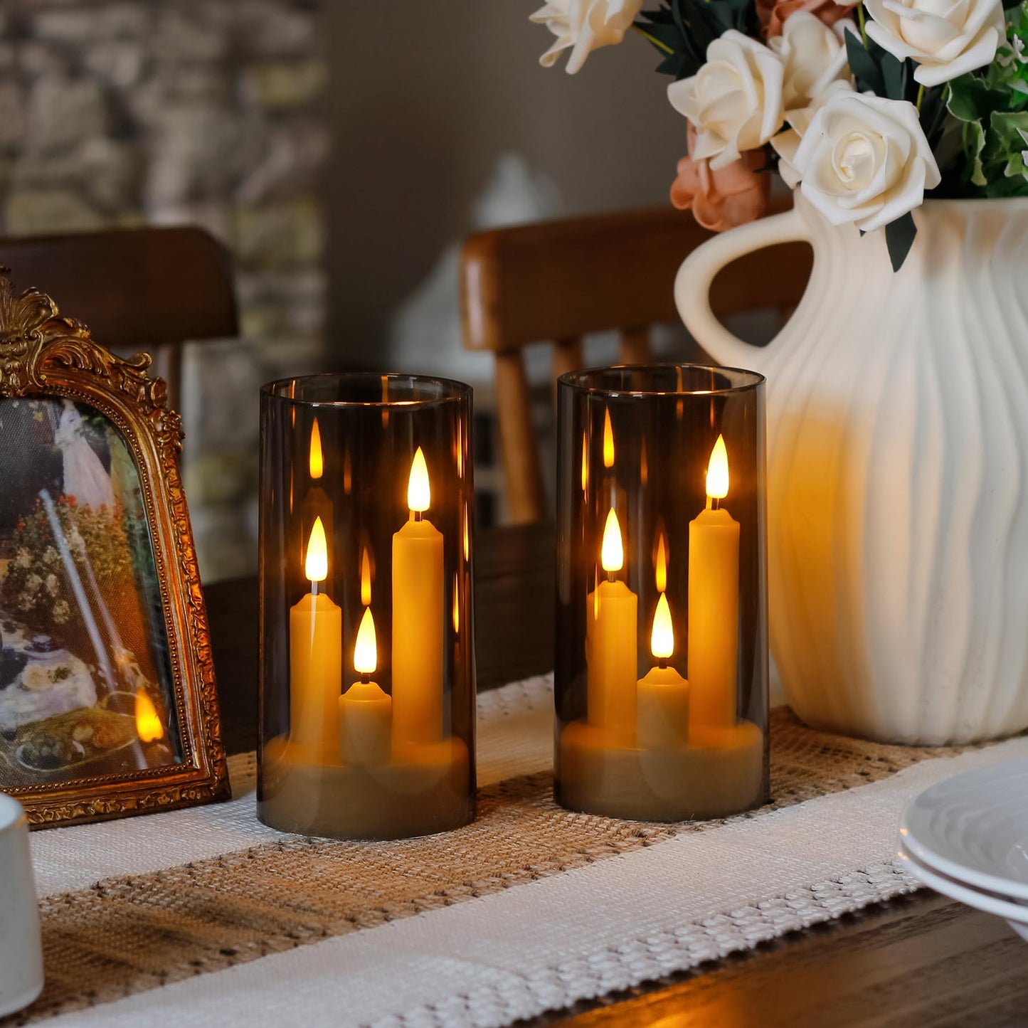 Zevanor 3 in 1 Flameless Taper Short Candles with 10 Key Remote Control and Timer, Battery Operated Pack of 2 LED Acrylic 3" x6" Grey Pillar Flickering Warm Light