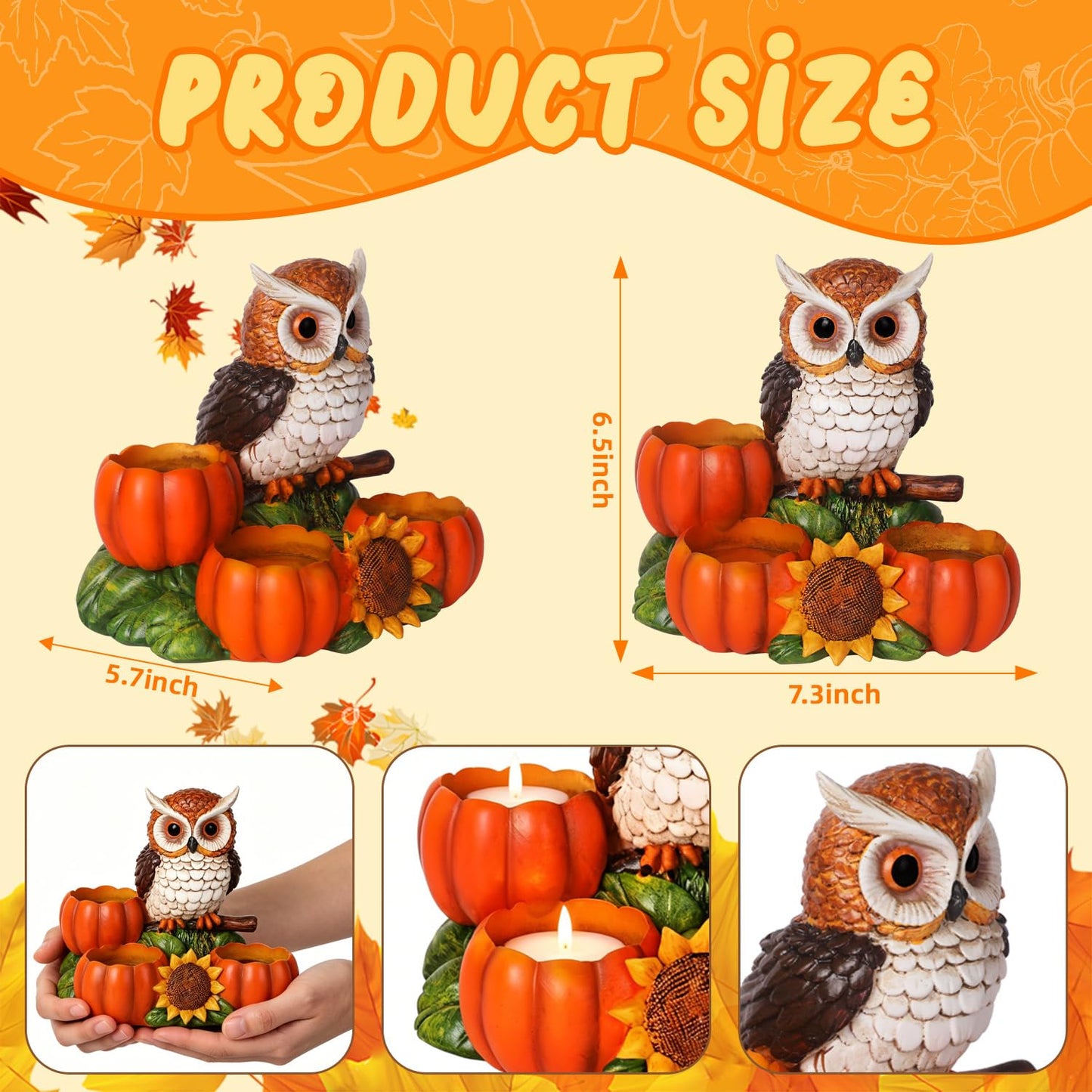 Fall Owl Candle Holder with 3 Pumpkin Tealight Holders & Sunflower, Rustic Owl Statue Thanksgiving Table Centerpieces Autumn Decorative Candle Holders for Home, Farmhouse