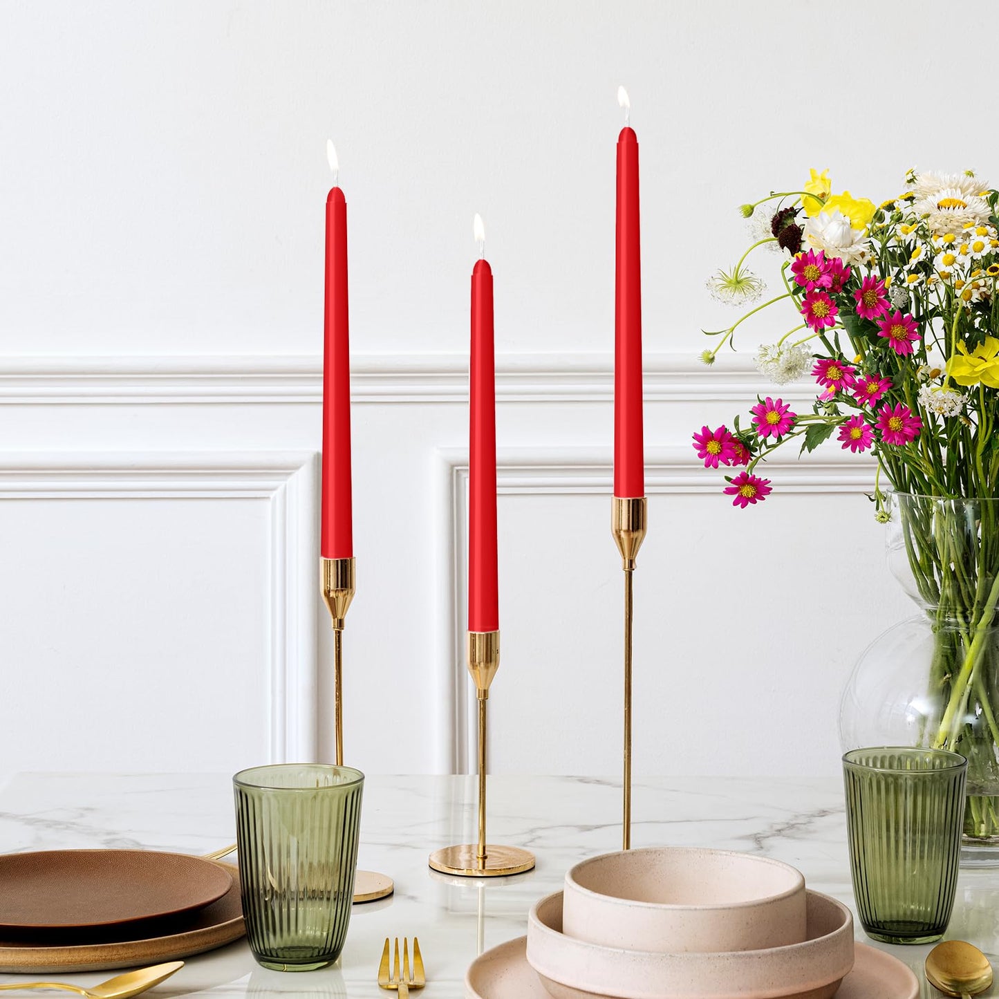 LYOBATH 12 Pack Red Taper Candles - Taper Candles 10 Inch Dripless, Smokeless & Unscented - 8 Hours Long Burning - Hand Poured Tall Candlesticks - Ideal for Weddings, Dinner Parties, and Home Decor