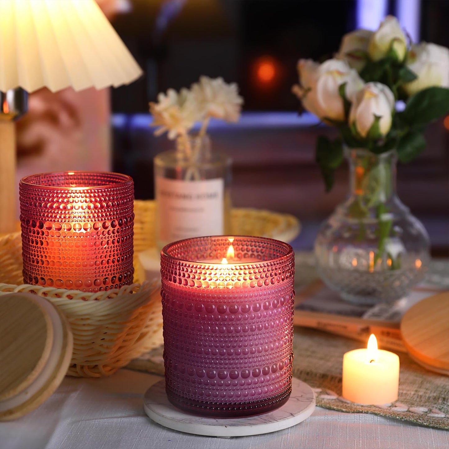 DARJEN 12 Pack Purple Candle Jars - 8 OZ Empty Glass Containers With Bamboo Lids and Labels for Making Candles, DIY Home Supplies