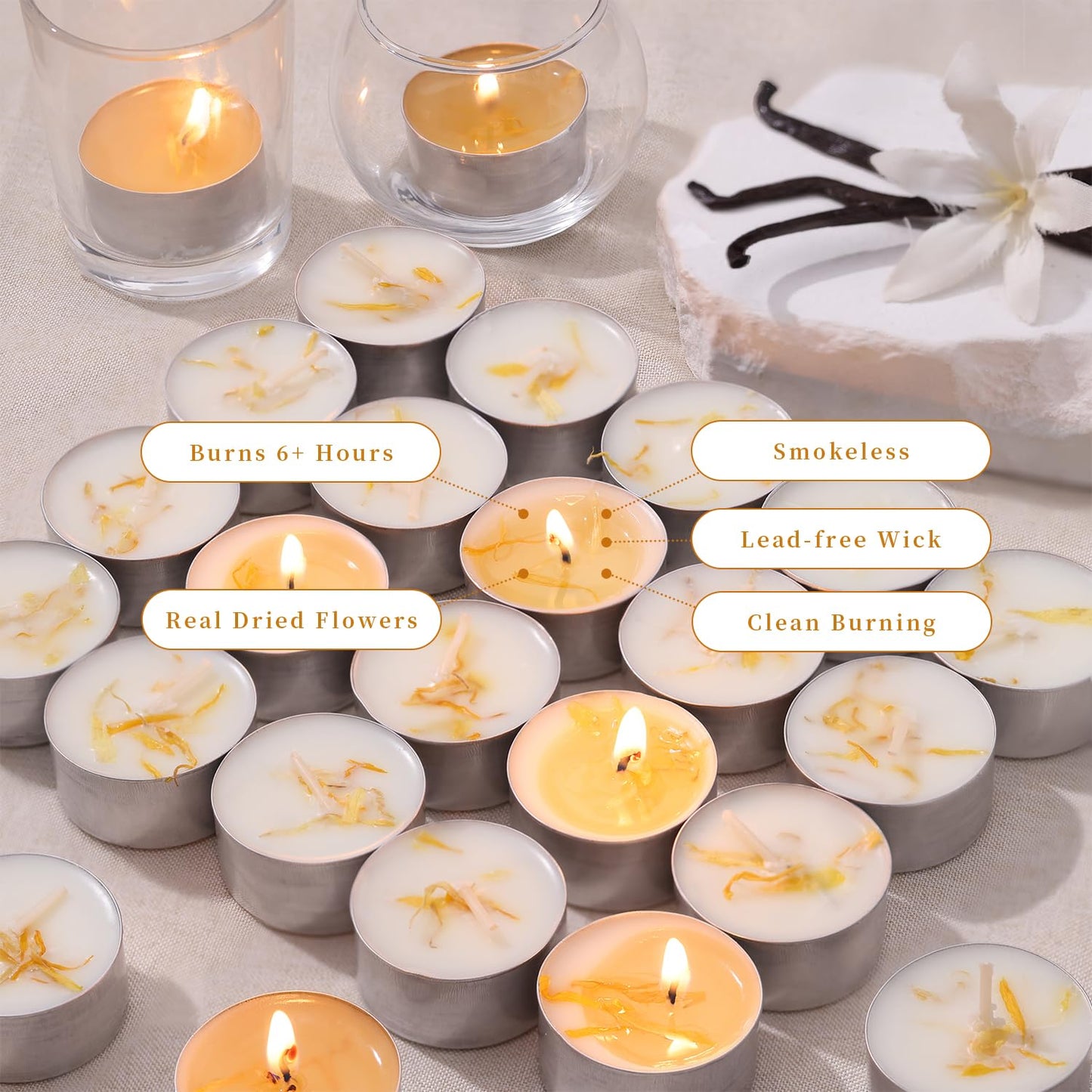 48 Pcs Vanilla Scented Tealight Candles, 6H Long Burning - 100% Palm Wax Based Scented Tea Lights with Dried Flowers, Non-Toxic/Smokeless Tea Lights Candles Bulk for Spa, Bath, Wedding