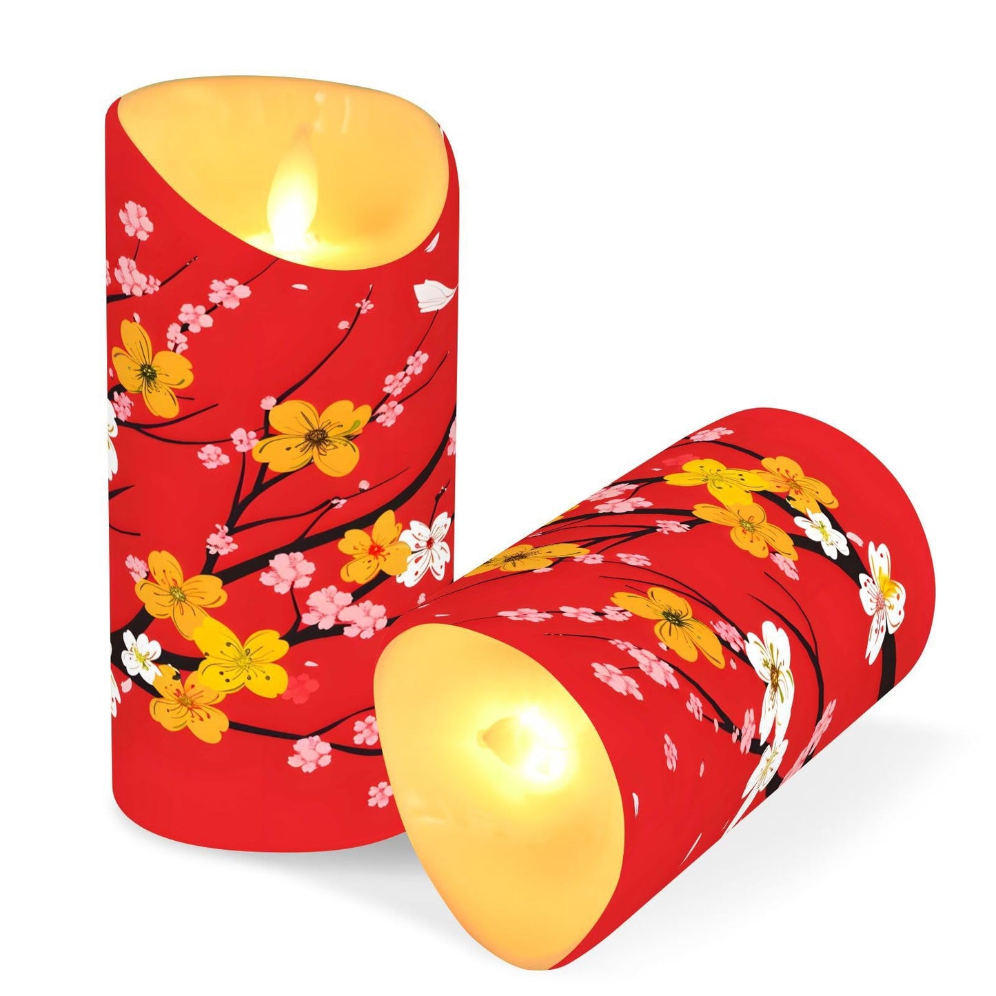 ALAZA Red Cherry Blossom Japanese01 Flickering Flameless Candles Battery Operated with Remote Timer,Tea Light Candles LED Pillar Votive Set of 2 for Outdoor Indoor Decorations 3" x5.9"