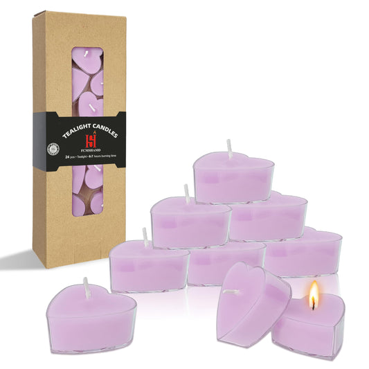 Violet Scented Heart Tealight Candles, Purple Scent Tea Lights Candles Clear Cup, 24 Pack Colored Tealights Candle, 4 Hour Burn Time Tea Candles for Weddings Romantic Valentine's Day Decor