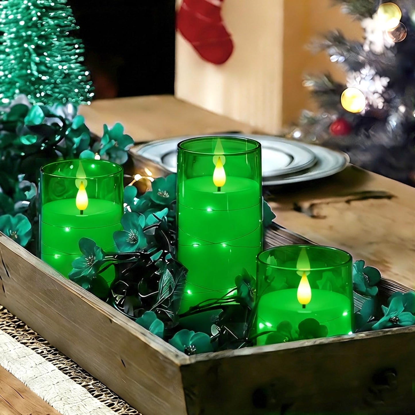 Homemory St. Patrick's Day Flameless Candles with Embedded Star String Fairy Lights, Green Battery Operated Candles, LED Candle, Fake Candles with Remote Control and Timer, Set of 3(H 4" 5" 6”)