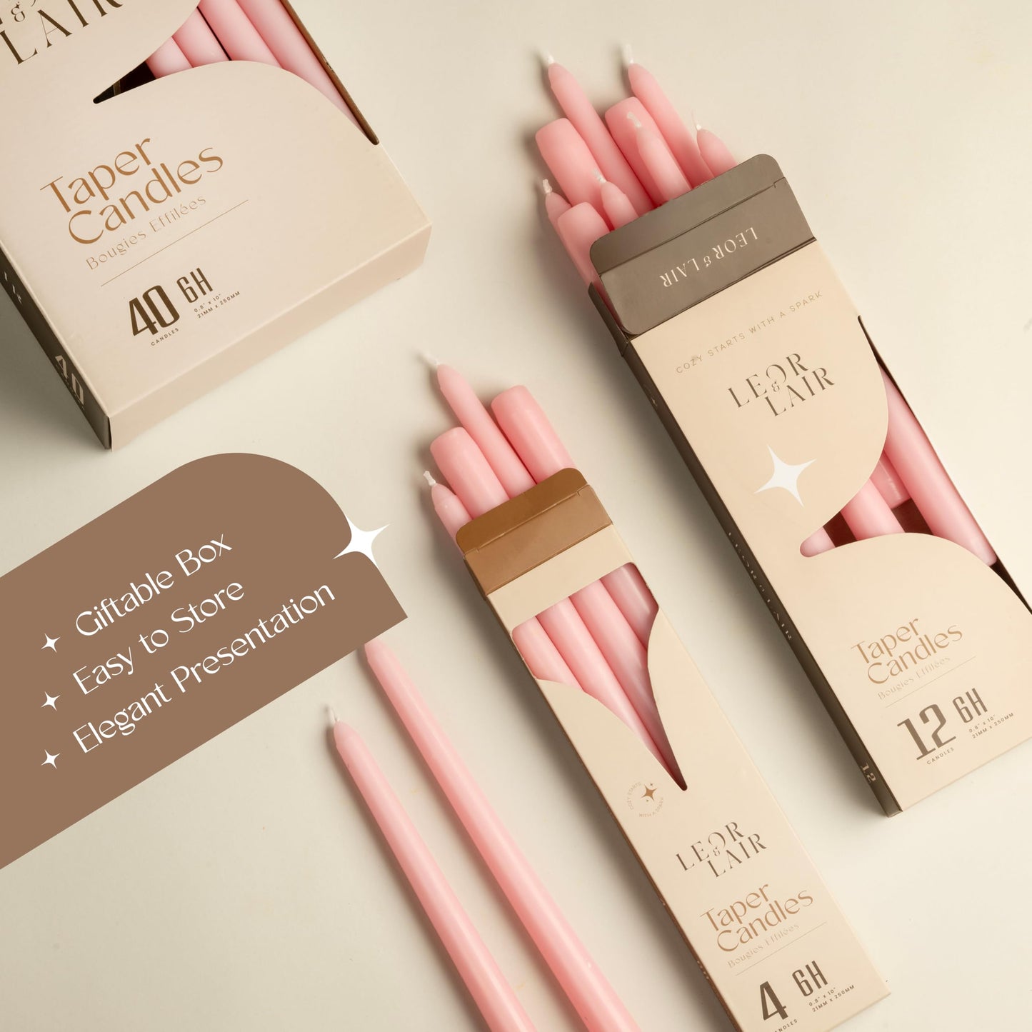 Leor & Lair Light Pink Taper Candles - 12 Pack 10" Pink Candlesticks - Unscented Blush Candles for Weddings, Mother’s Day, Baby Showers, Dinner Table & Holiday Decor