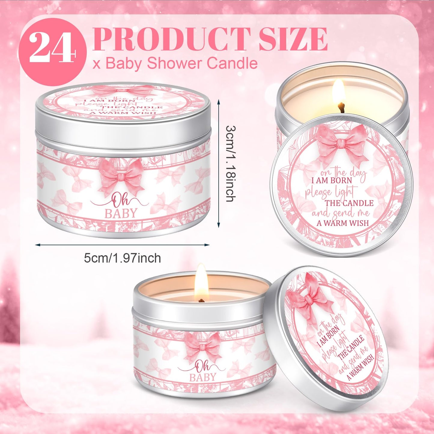 MTLEE 24 Pcs Bow Baby Shower Party Favors Candles Lavender Scented Baby Shower Favors for Guests Rustic Tealights Candles Gender Reveal Return Gifts (1.2 oz, Pink)