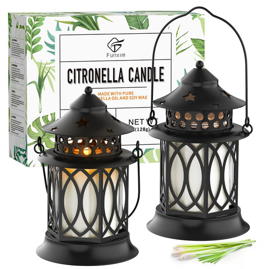 Citronella Candles Outdoor, 2 Pack Lemongrass Scented Soy Wax Candles with Metal Lantern Holder, Outdoor Candle Set for Patio Garden Camping Decor, Gift Set