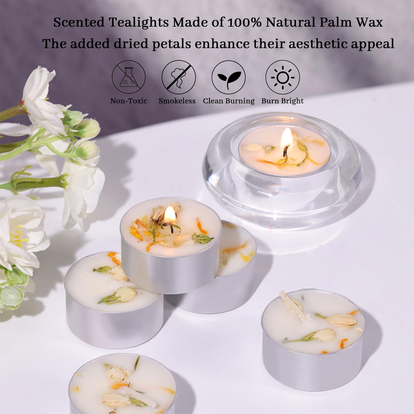 16 Pcs Jasmine Scented Tealight Candles, 6H Long Burning - 100% Palm Wax Based Scented Tea Lights with Dried Flowers, Non-Toxic/Smokeless Scented Tea Lights Candles for Spa, Bath, Wedding