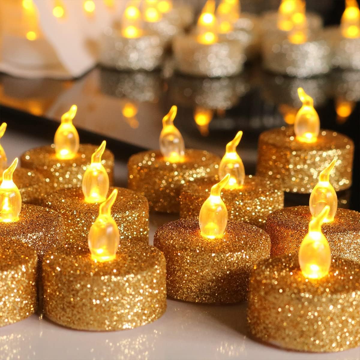 Aulaygo 12 Pack Orange Timer Tealight Warm White Flickering Melting Flameless Candles Battery Operated,Fall Tea Lights for Halloween Gothic Wedding Home Decoration