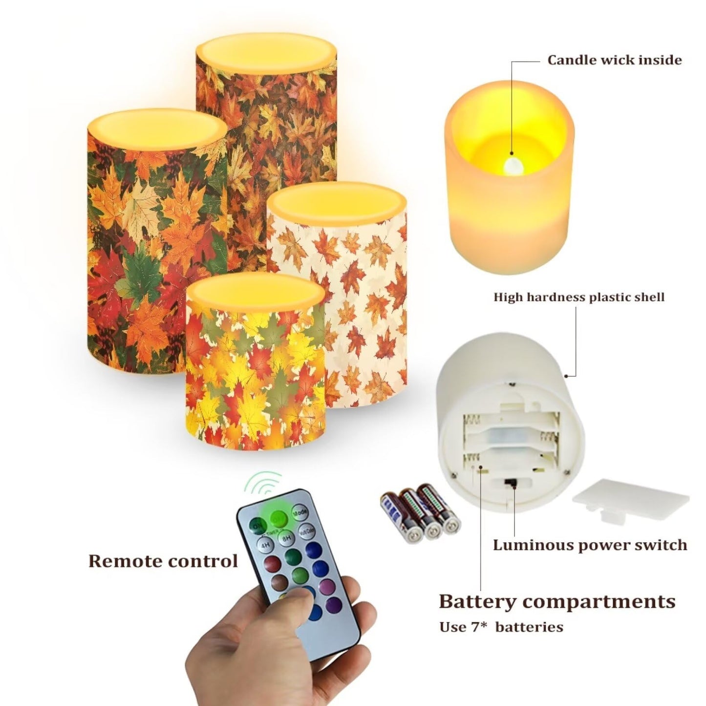 NETILGEN Autumn Maple Leaf Print Flameless Electric Candles Lamps with Remote Timer Control Long Lasting LED Candles for Thanksgiving Day Party Decoration Pack of 4