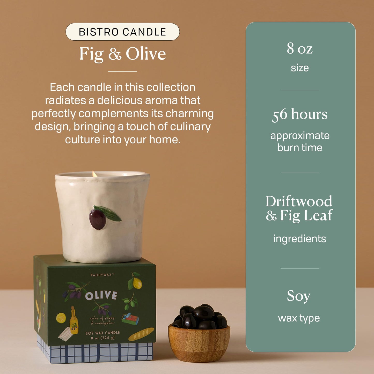 Paddywax Bistro Hand Painted Scented Candle in Ceramic Reusable Food-Safe Jar with Gift Box, Soy Candle with Approx. 56 Hour Burn Time, Fig & Olive, 8 oz