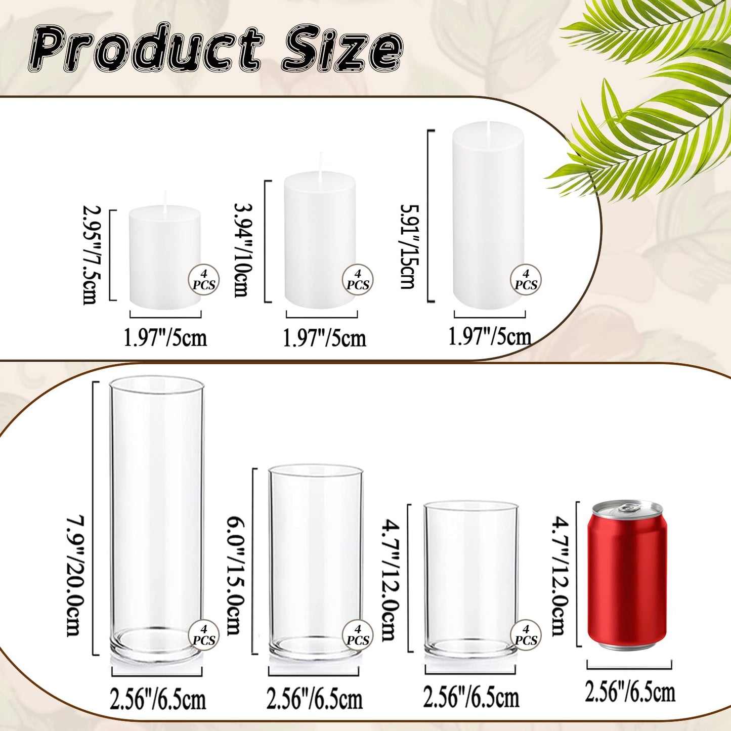 UDU 24 PCS White Pillar Candles with Glass Cylinder Vases Hurricane Glass Candle Holders for Pillar Candles Cylinder Vases for Centerpieces Wedding Table Party Home Decor