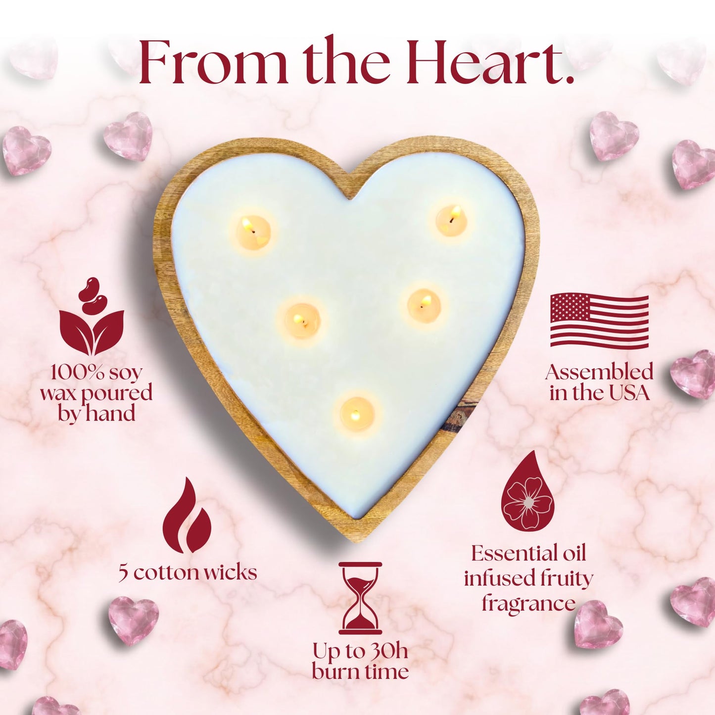Dough Bowl Candle Co. Strawberry Candle - Large Strawberry Vanilla 10x10x2 Valentine Candles for Home Scented, 5 Wick Heart Shaped Strong Scented Long Lasting Aromatherapy for Women, Candles Gift