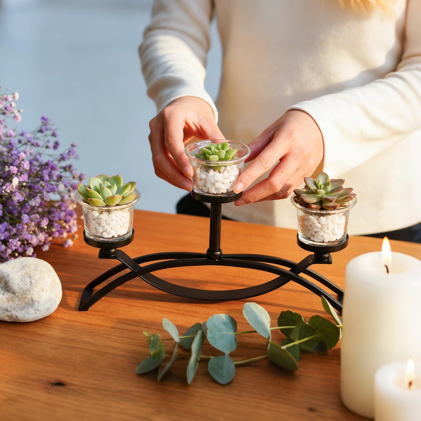 3-Arm Metal Tea Light Candle Holder Set with 5 Glass Cups, Votive Candle Holders Centerpiece Candelabra for Wedding Table Decor, Home Gatherings and Holidays (Black, 3 Cups-2 Pcs)